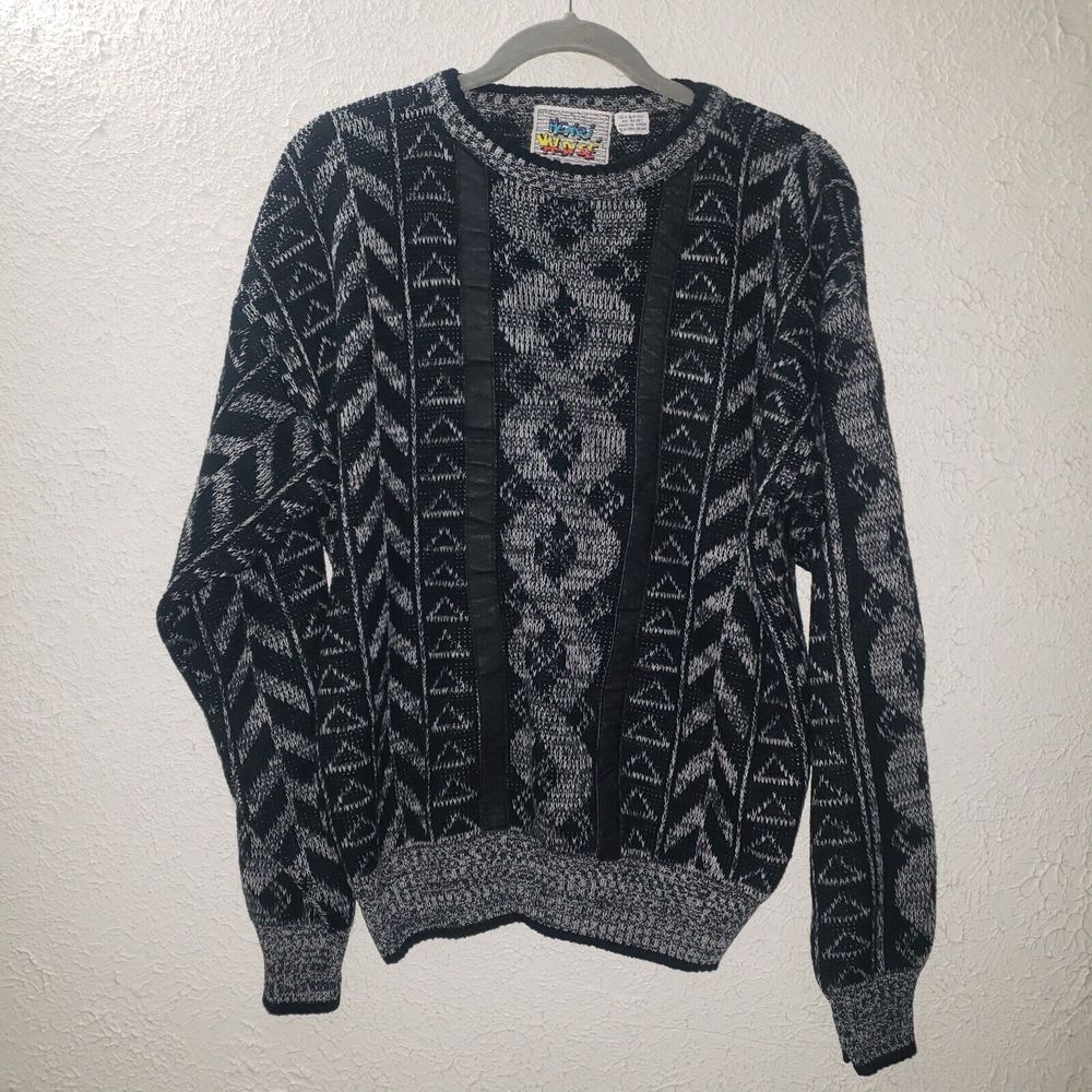 Vtg Henri Valdise Sz L Men's Black Gray Cosby Old Man Sweater Geometric